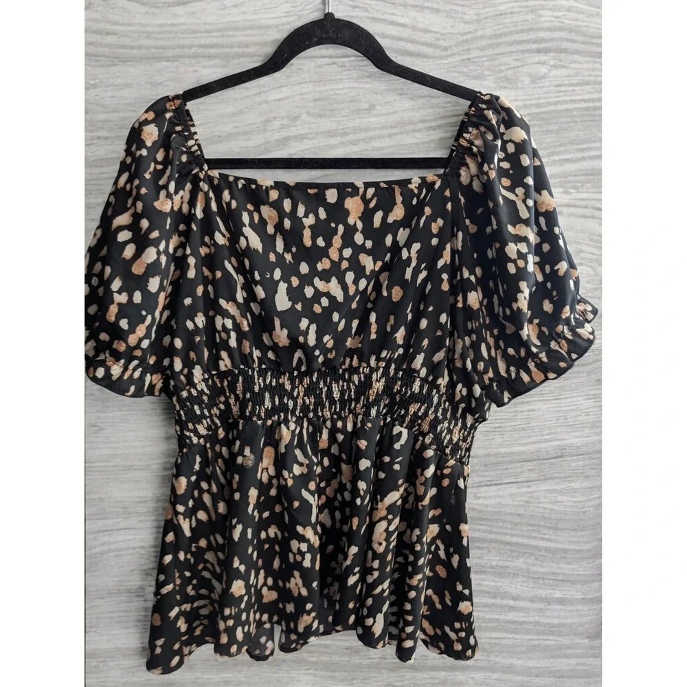 SHEIN CURVE Top Plus Size 3XL XXX Leopard Spotted Square Smocked Shirt‎ Blouse_2